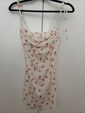 For love&lemons  Floral Tie-Shoulder Slip Dress with Red Cherry Print